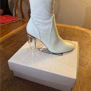 White Women's Mid-Calf Boot with Clear Block Heel